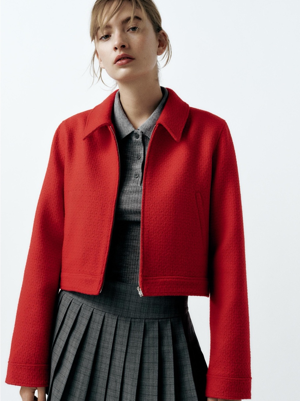 Zara Bright Red Cropped Zip Jacket